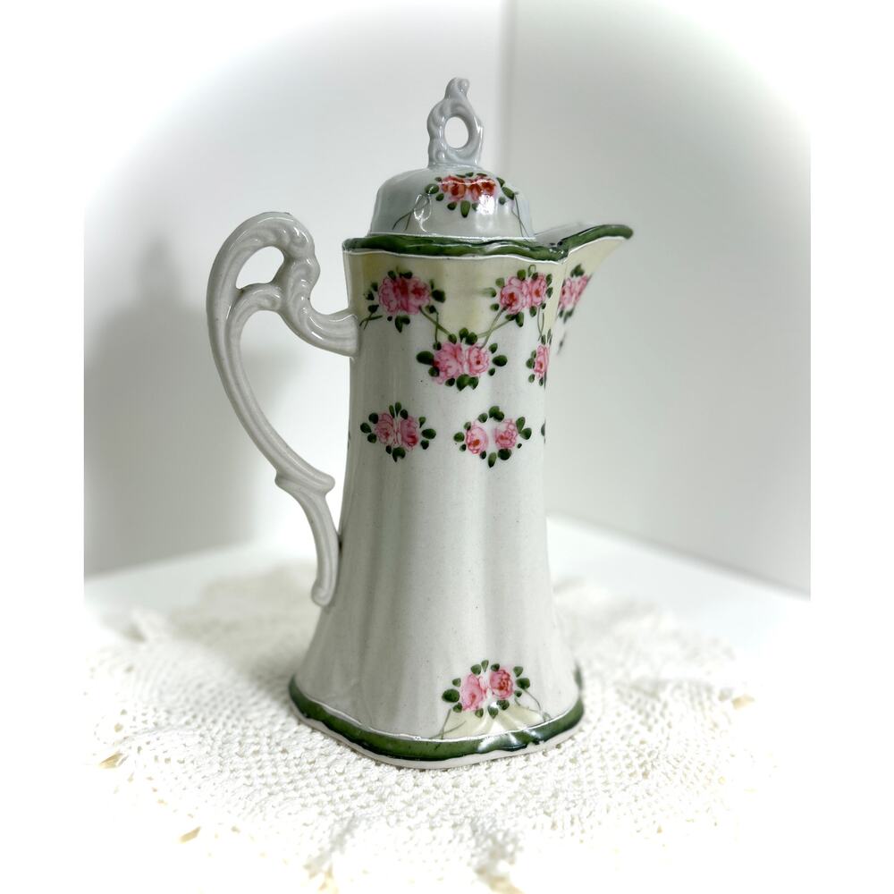 Antique Hand-Painted Nippon Porcelain Chocolate Pot – Pink Roses 10 x 5 inch